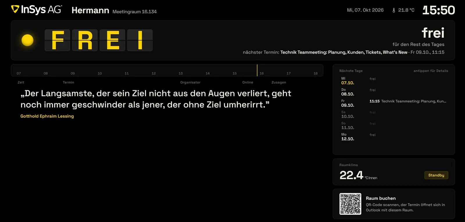 Exchange Online Room Display for UniFi Connect im Meetingraum Hermann der InSys AG®: Status frei, nächster Termin, Wochenvorschau, Raumklima und QR-Code zur Buchung in Outlook