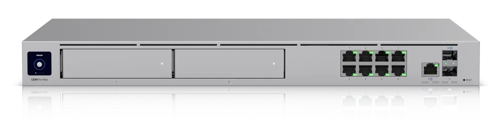 UniFi Dream Machine Pro Max (UDM-Pro-Max) - Frontansicht Frontansicht der UniFi Dream Machine Pro Max mit zwei HDD-Einschüben und 10G-SFP+-Ports