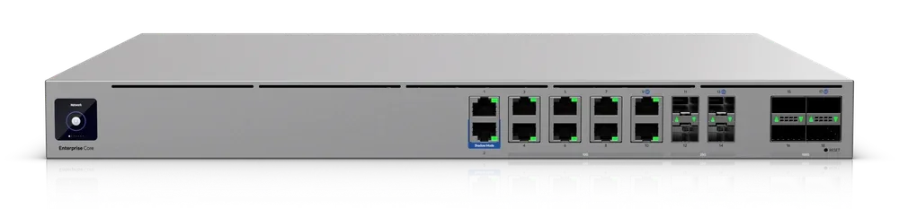 UniFi Enterprise Firewall Core (EF-Core) - Frontansicht mit 100G QSFP28 Frontansicht der UniFi Enterprise Firewall Core EF-Core mit 10 RJ45-, 4 SFP28- und 4 QSFP28-Ports