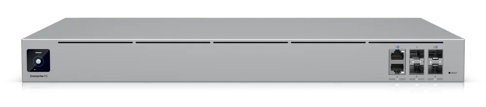 UniFi Enterprise Firewall (EFG), ehemals Enterprise Fortress Gateway - Frontansicht Frontansicht der UniFi Enterprise Firewall EFG mit Touchscreen, 2 RJ45-, 2 SFP+- und 2 SFP28-Ports