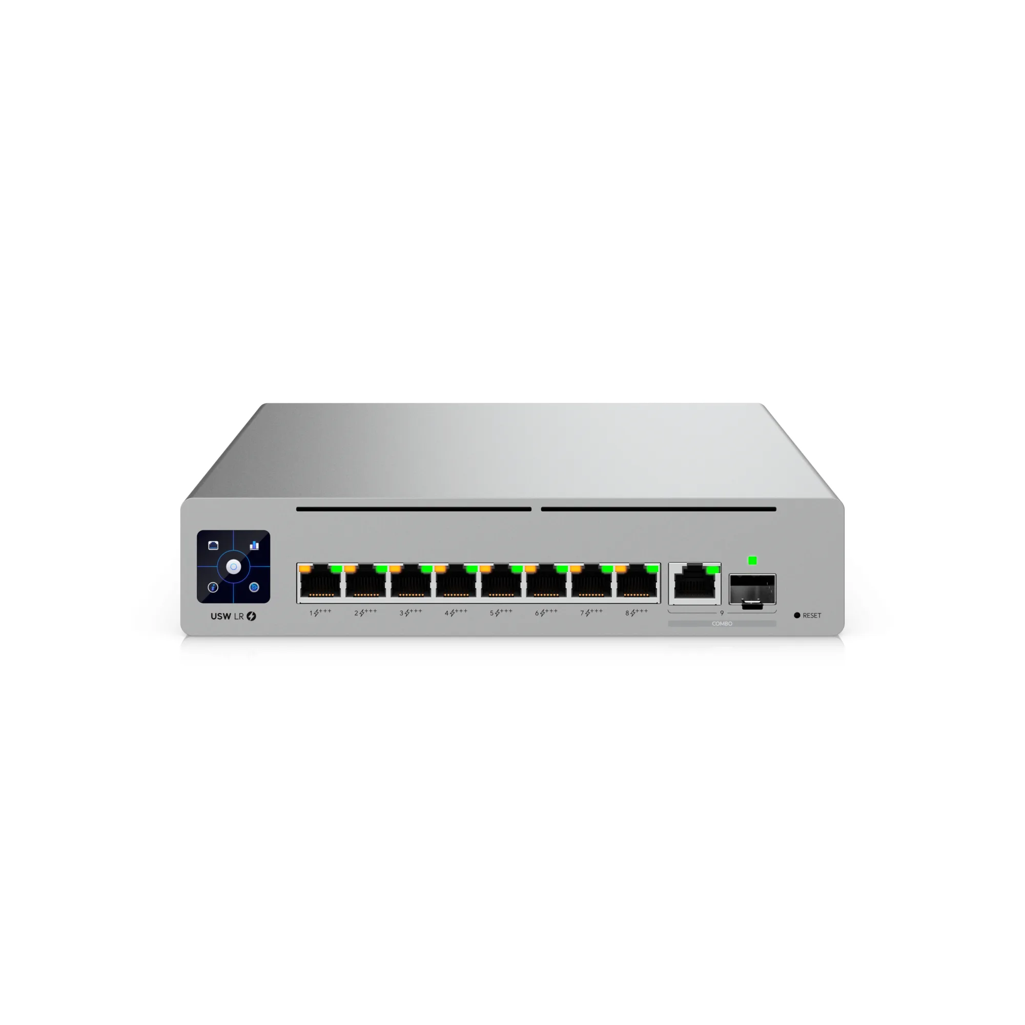 UniFi PoE Switch Long-Range Switch 8 PoE von vorne: acht PoE+++ Ports, ein weiterer RJ45-Port, ein SFP-Steckplatz und ein kleines Touchdisplay.